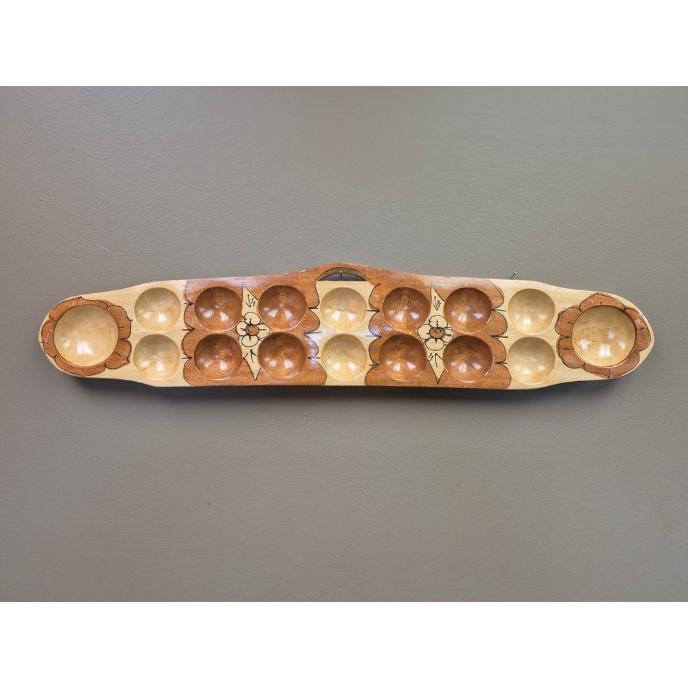 Wood Mancala Board Game Wall Hanging Hand Carved Large Rustic Game Decor Painted